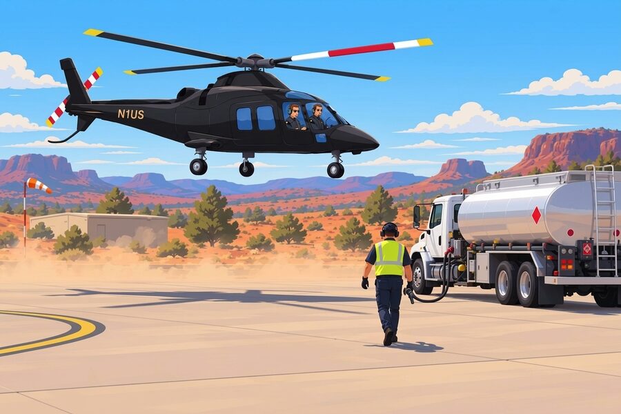 N1US over a high desert airfield in the American Southwest, red mesas behind, a fuel truck and a lineman on the ramp