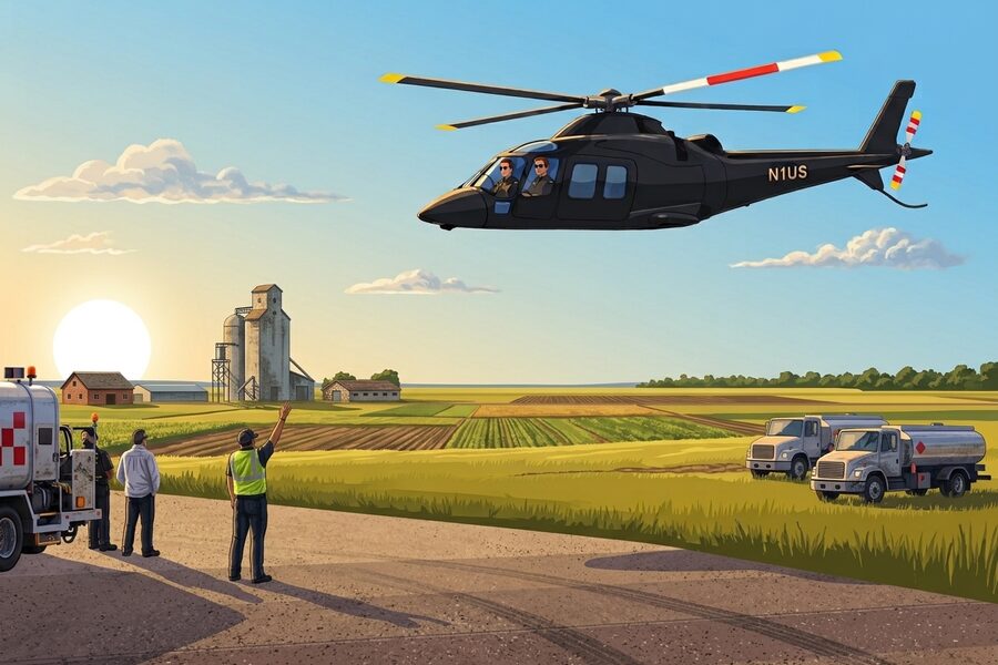 N1US at a fuel stop on the Great Plains, flat farmland and a grain elevator behind, a fuel truck and a lineman waving on the ramp