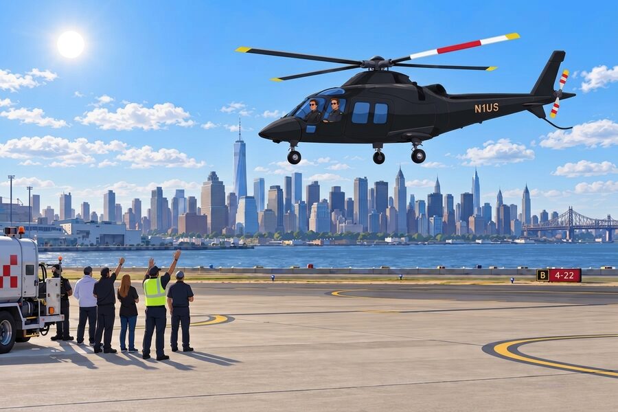 N1US on approach back into LaGuardia at the finish, people on the ramp with their arms raised and the Manhattan skyline behind